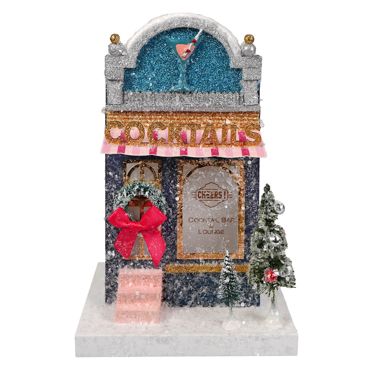 Glittery blue and silver cody foster cocktail bar & lounge with pink awning and christmas tree accents for christmas house