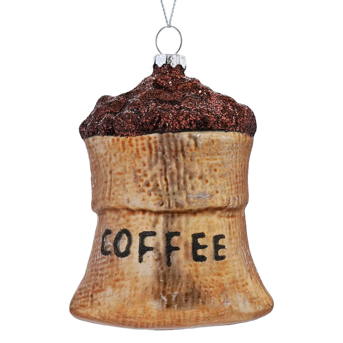 A glittery brown coffee bean sack glass ornament shaped like a rustic wooden sack with brown glitter finish
