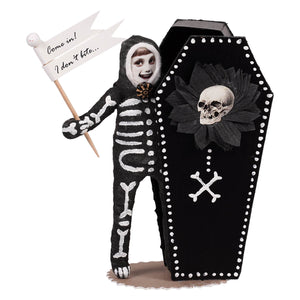 Black coffin-shaped box with white dotted trim and skull crossbones design perfect for skeleton boy decor