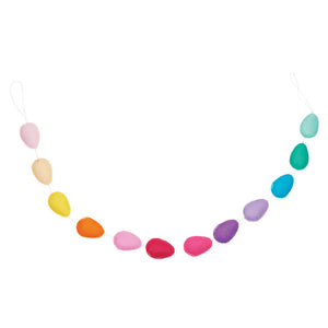 Curved line of colorful teardrop-shaped dots arranged in a rainbow pattern.