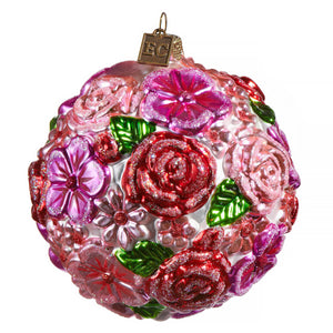 Colorful flower ball ornament glass with pink red and green floral accents from raz imports christmas collection