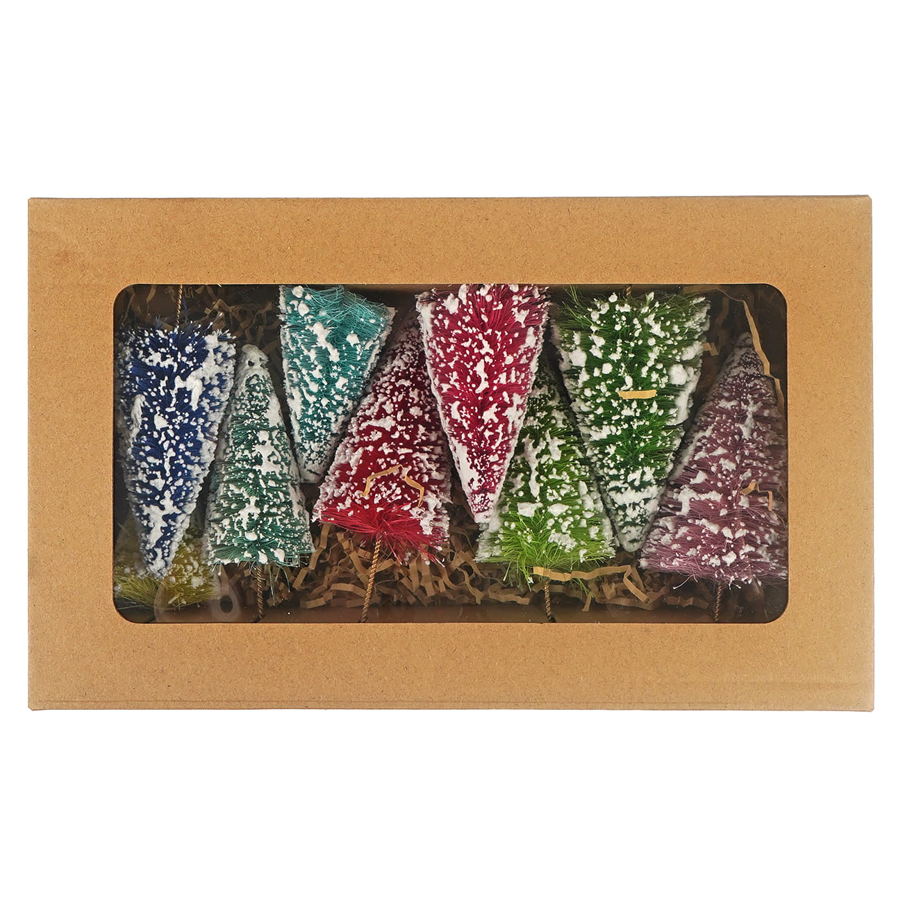 A set of six colorful frosted bottle brush christmas trees in blue green red and purple with snowflake patterns