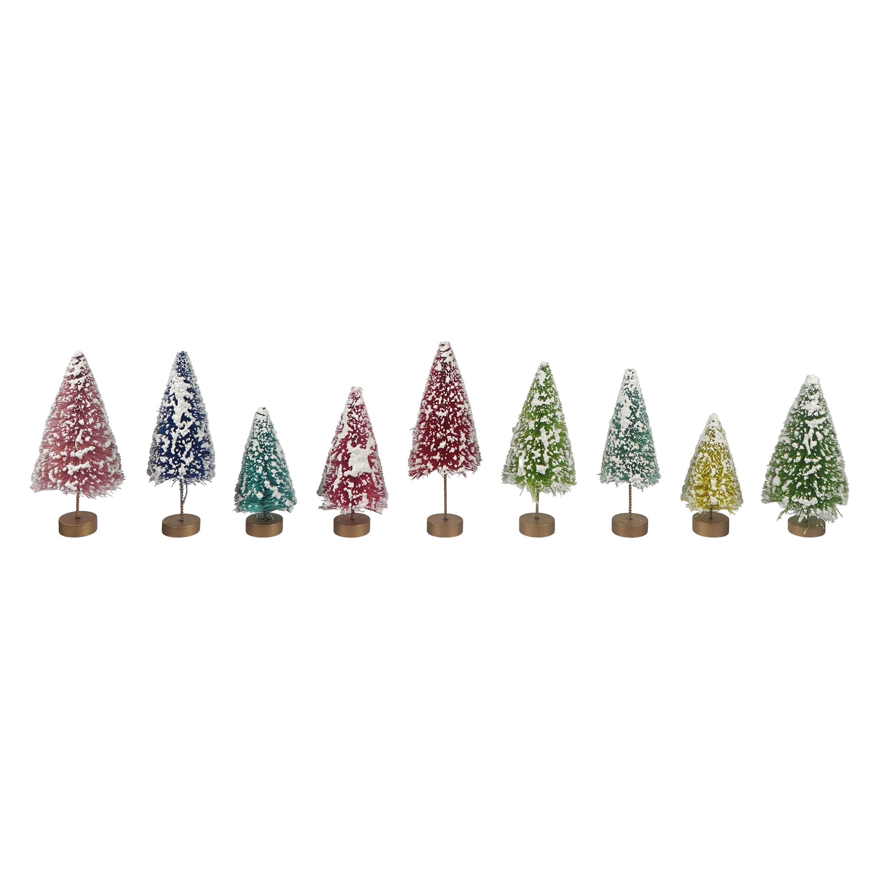 A set of nine colorful frosted bottle brush christmas trees with wooden bases perfect for holiday decor