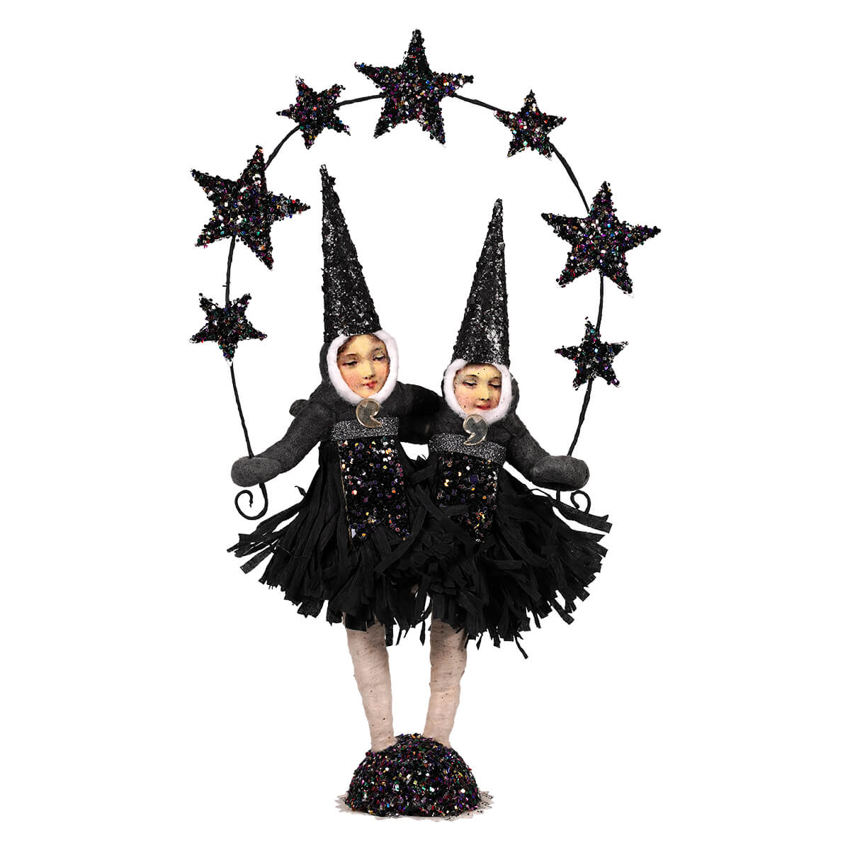Halloween conjoined sisters figure with two spun cotton witch dolls in black sparkly dresses connected by glittery arch