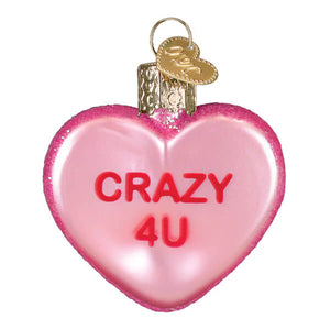 Pink heart-shaped glass conversation heart ornament with crazy 4u lettering and gold tag in heart ornaments gift set