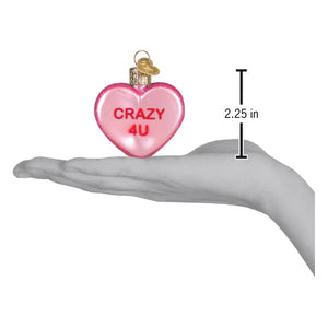 Pink heart shaped conversation heart ornament with crazy 4u print and gold loop in heart ornaments gift box set 3
