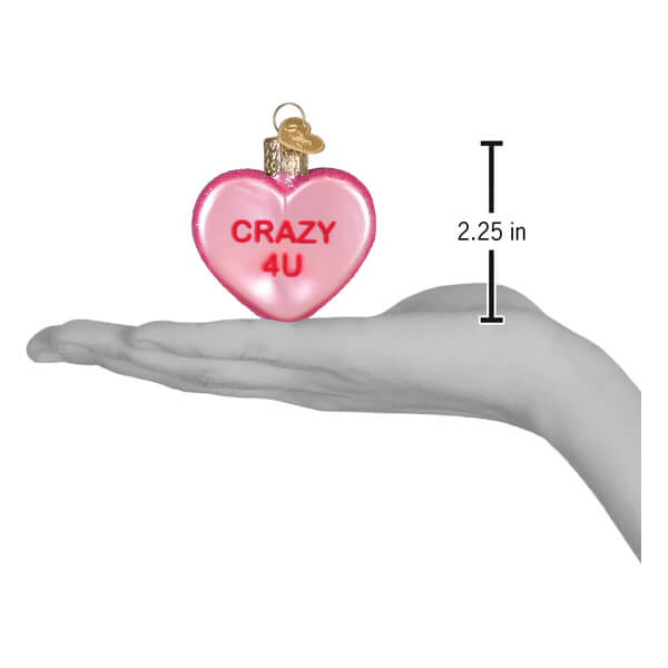 Pink heart shaped conversation heart ornament with crazy 4u print and gold loop in heart ornaments gift box set 3