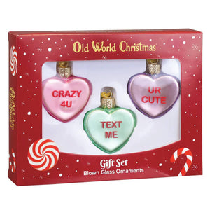 Set of three heart ornaments gift in pink mint green and lavender blown glass with gold caps conversation heart style