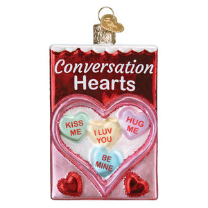 Red and pink glass conversation heart ornament shaped like candy box with three heart ornaments gift messages inside