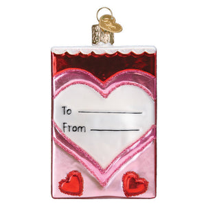 Conversation hearts candy ornament pink and red heart glass with white to from card and glittery edges heart ornaments gift