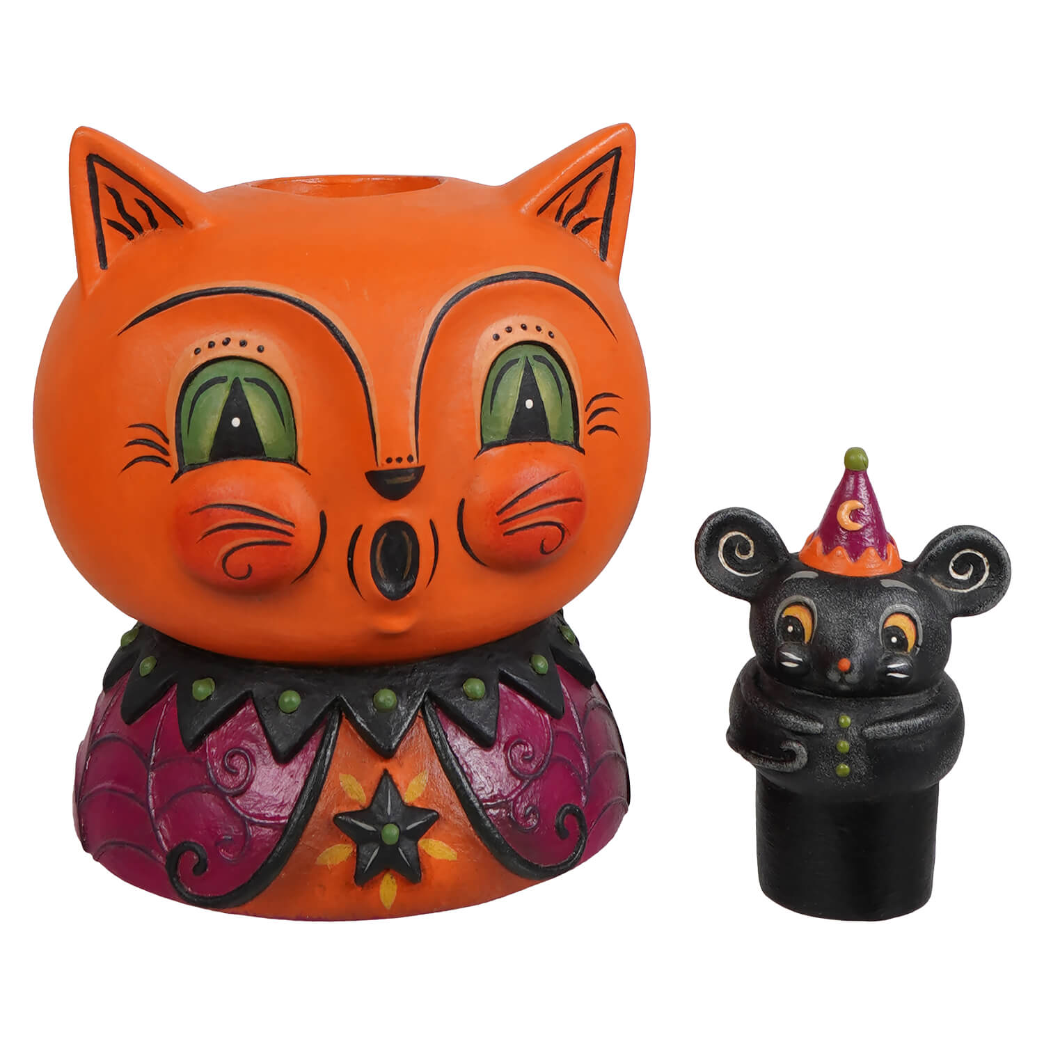 Orange cat-shaped candle holder with green eyes and purple collar perfect for halloween cats decor