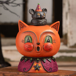 Orange ceramic halloween cats figurine with green eyes red cheeks purple collar and black mouse in party hat