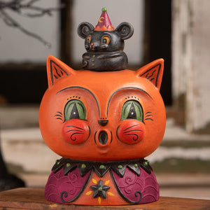 Orange ceramic cat figurine with green eyes red cheeks and a black mouse wearing a party hat halloween cats decor