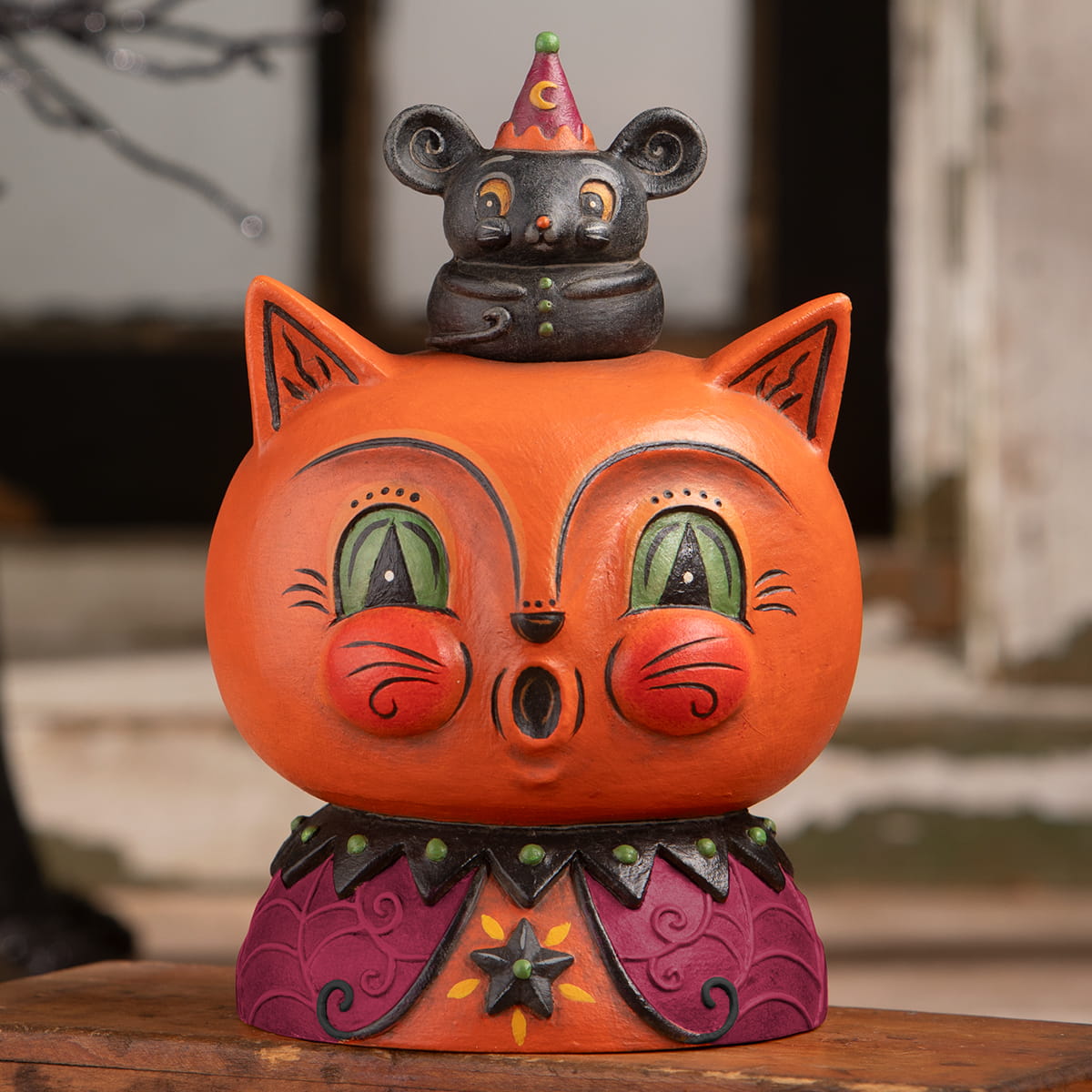 Orange ceramic halloween cats figurine copper cat with green eyes red cheeks purple collar and black mouse topper
