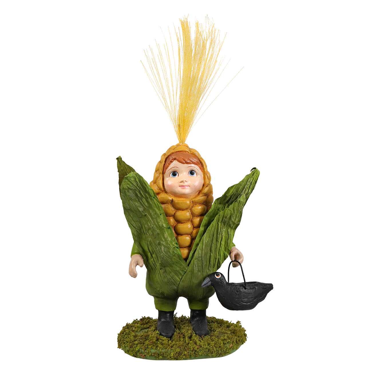 A whimsical bethany lowe corn on the cob figurine featuring a child in yellow kernels with green husk wings and tufted top