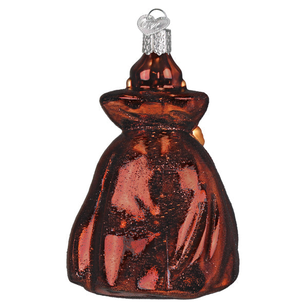 A glossy amber glass witch hat ornament with silver cap and heart loop from the count chocula ornament world christmas collection