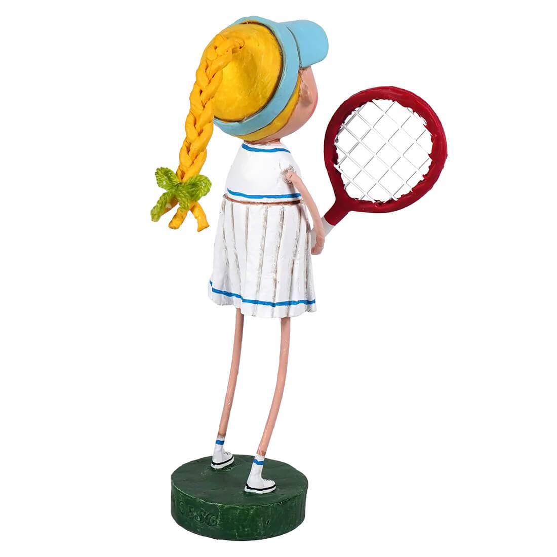 Whimsical lori mitchell patriotic figurine courtney with yellow braids, white blue dress, and red tennis racket