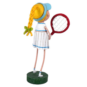 Whimsical lori mitchell patriotic figurine courtney with yellow braids, white blue dress, and red tennis racket