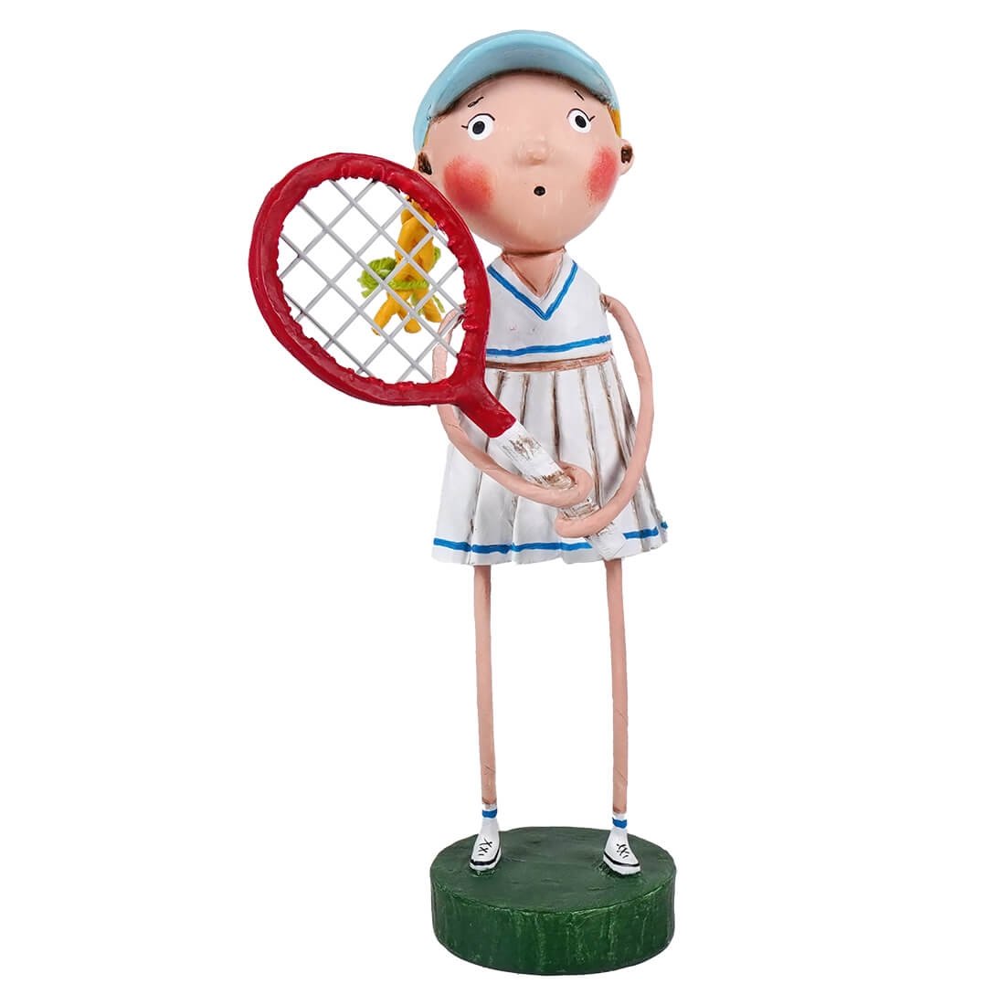 A whimsical lori mitchell patriotic figurine named courtney featuring a young tennis player in white and blue with a red racket