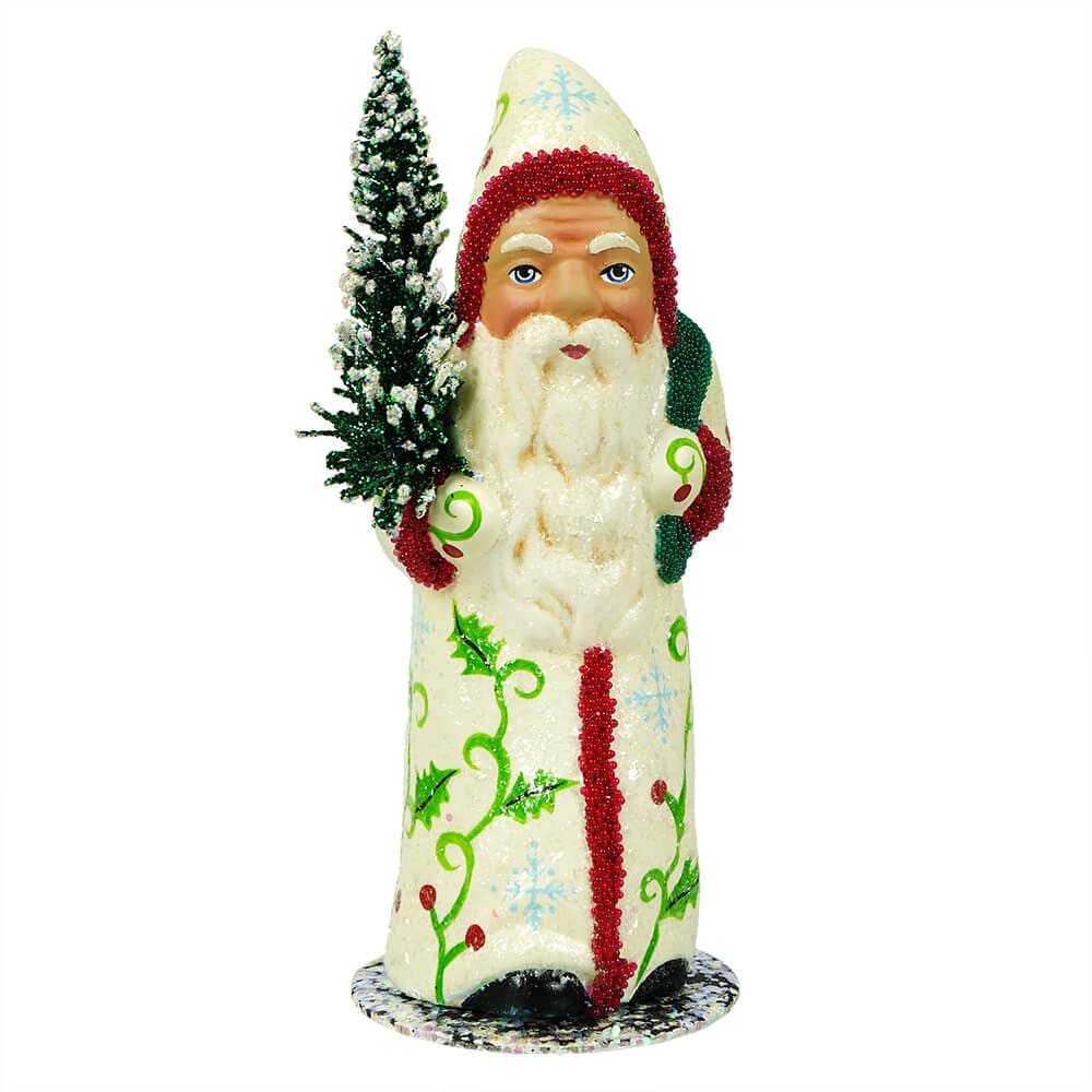 Cream Coat Santa Holding Tree