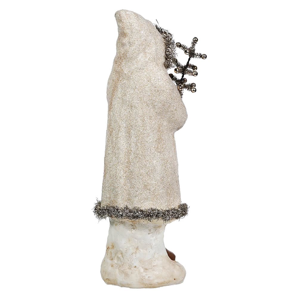 Cream Glittered Belsnickle Santa Trimmed In Silver Tinsel