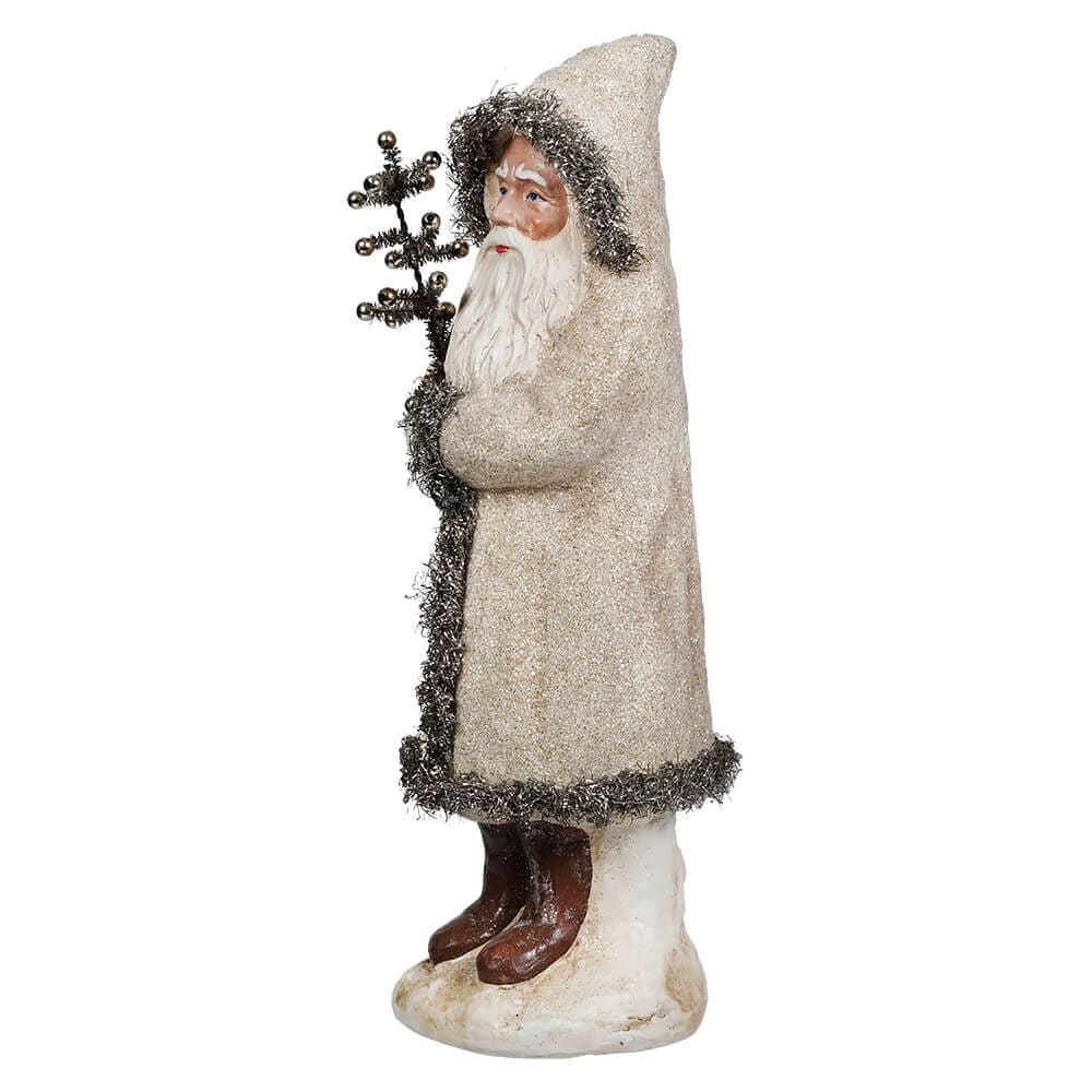 Cream Glittered Belsnickle Santa Trimmed In Silver Tinsel