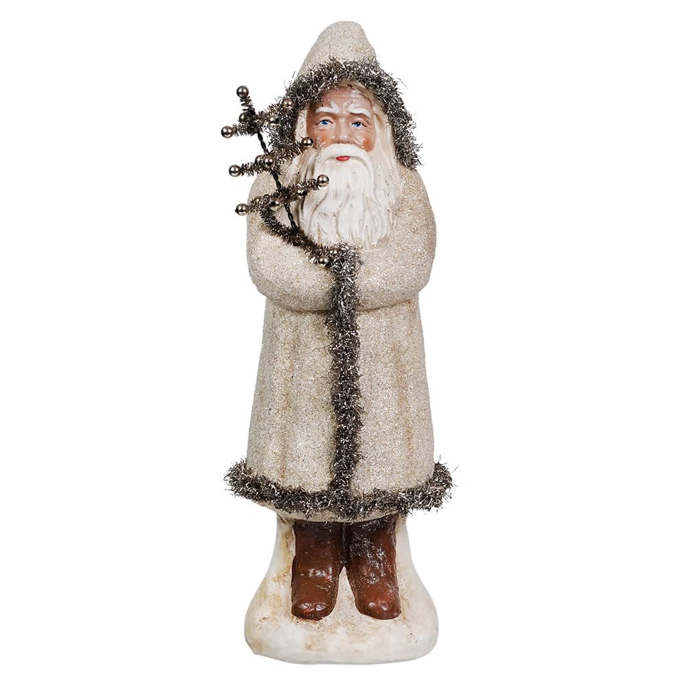 Cream Glittered Belsnickle Santa Trimmed In Silver Tinsel