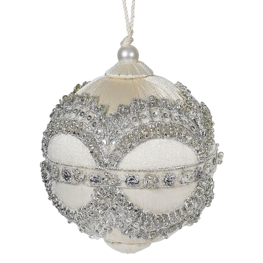 Cream & Silver Jewel Wrapped Thread Ball Ornament - Ornaments