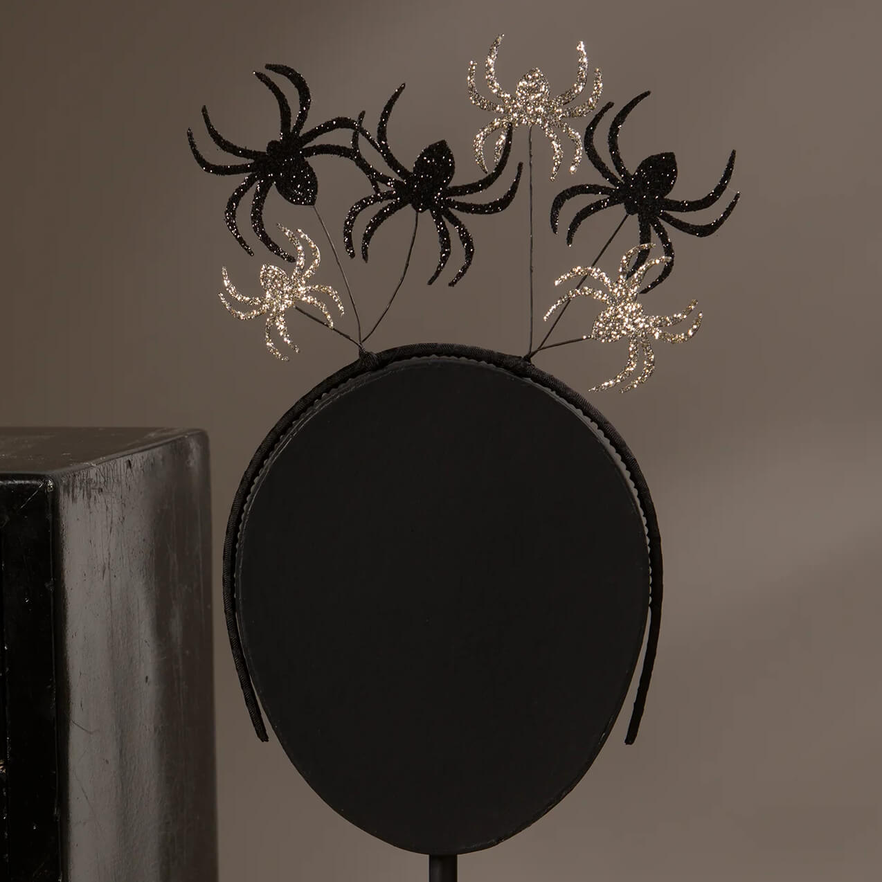 Black and silver glitter creepy crawly spider headband with five decorative spiders perfect for halloween mask or bat mask with spider costumes