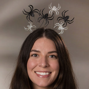 Creepy crawly spider headband with five glittery spiders in black and silver perfect for halloween mask or costume mask