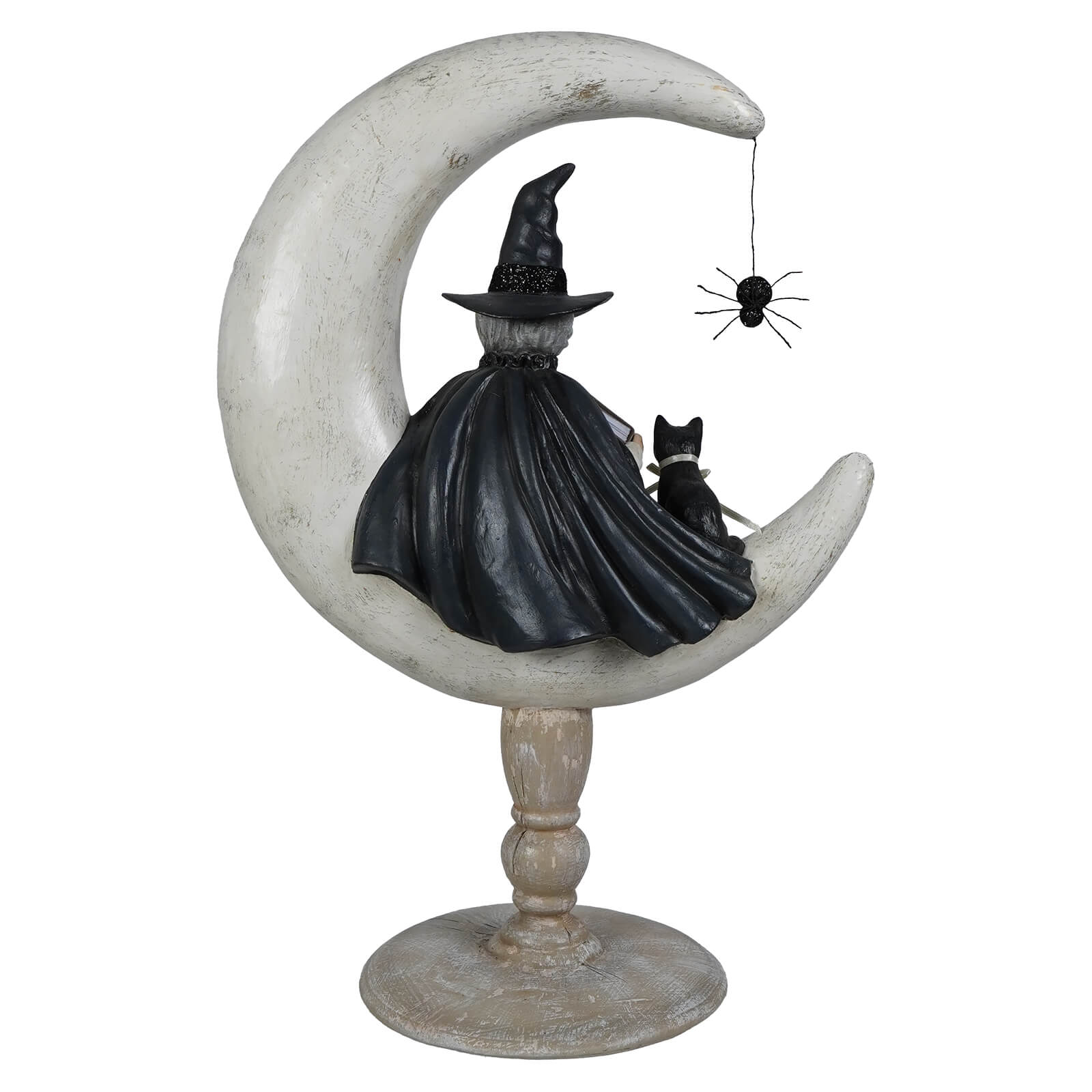 A crescent moon moira witch sitting with a black cat and hanging spider perfect for halloween witches decor