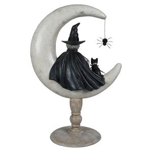 A crescent moon moira witch sitting with a black cat and hanging spider perfect for halloween witches decor
