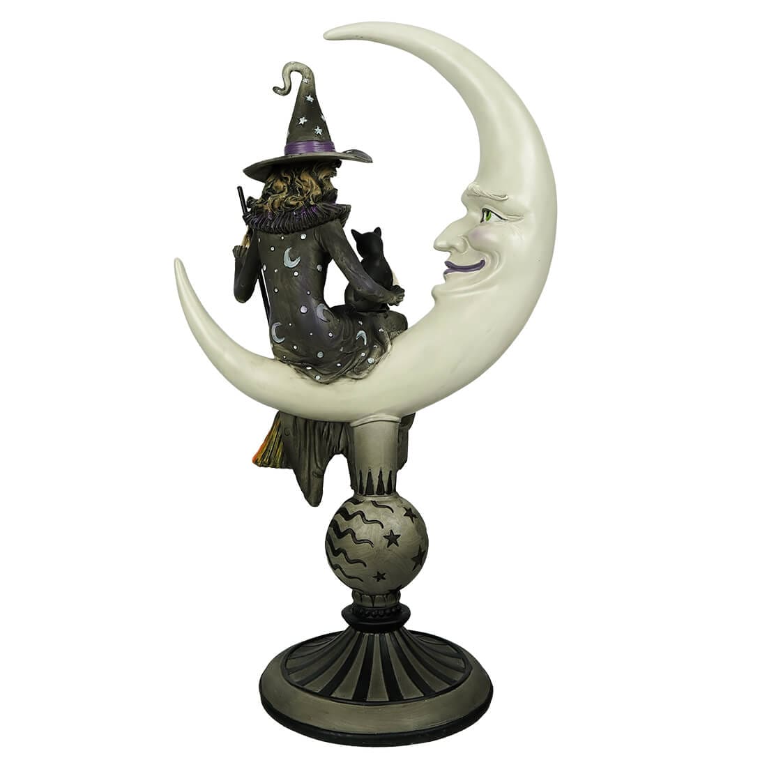 Crescent Moon With Sitting Witch & Black Cat On Pedestal