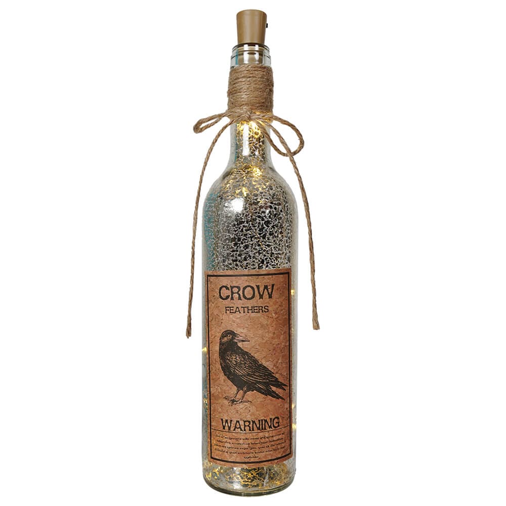 Crow Feathers LED Mercury Glass Halloween Bottle