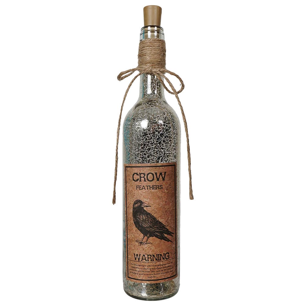Crow Feathers LED Mercury Glass Halloween Bottle