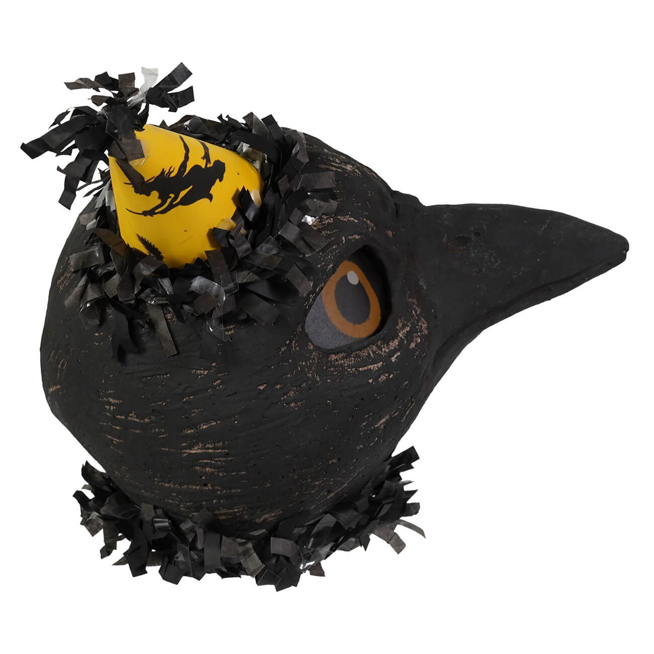 Black crowella crow piñata with yellow party hat and black fringe details featuring battery operated tealight candle
