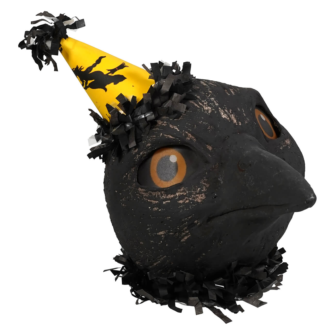 Black crowella crow lantern piñata with yellow party hat black silhouettes and fringed edges for festive fun