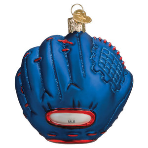 Blue Cubs baseball mitt ornament with red stitching and MLB logo perfect as a Christmas glass ornament
