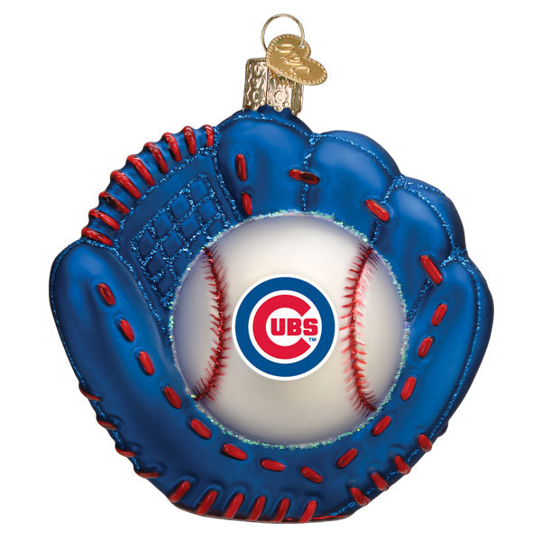 Cubs baseball mitt ornament with blue and red glass glove and white baseball featuring chicago cubs logo, perfect for christmas