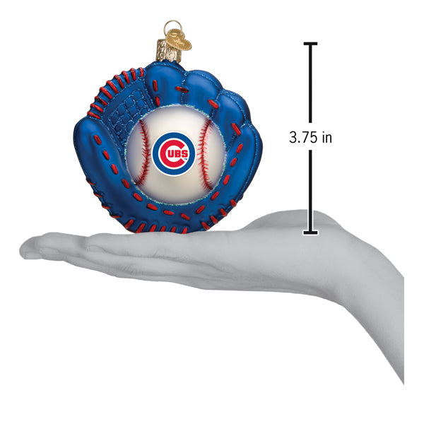 Blue chicago cubs baseball mitt ornament with white baseball center perfect as a christmas glass ornament