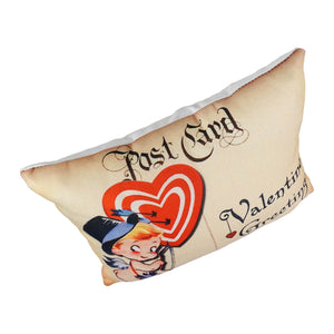 Beige fabric cupid greeting pillow with vintage valentine’s day design and cartoon cupid on red hearts perfect valentine’s day pillows