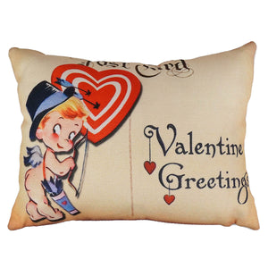 Beige linen cupid greeting pillow with vintage valentine’s day design and cartoon cupid holding red heart
