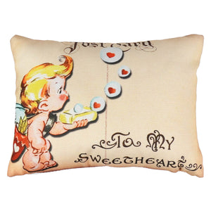 Beige rectangular cupid sweetheart pillow with vintage cupid blowing heart bubbles perfect valentines day pillows