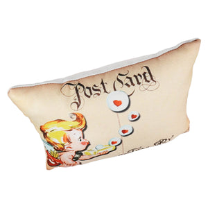 Beige cupid sweetheart pillow with vintage cherub blowing heart bubbles and elegant postcard text perfect valentines day pillows