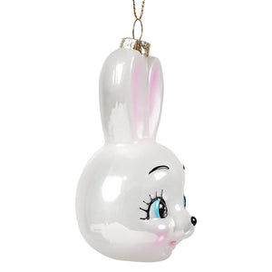 Cute bunny glass ornament is a glossy white glass bunny with pink ears and blue eyes, perfect next to chinese dragon decor