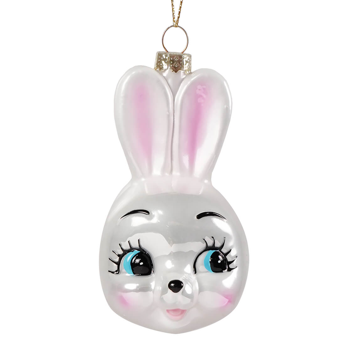 Cute bunny glass ornament made of translucent white glass with pink ears and blue eyes, perfect alongside chinese dragon decor