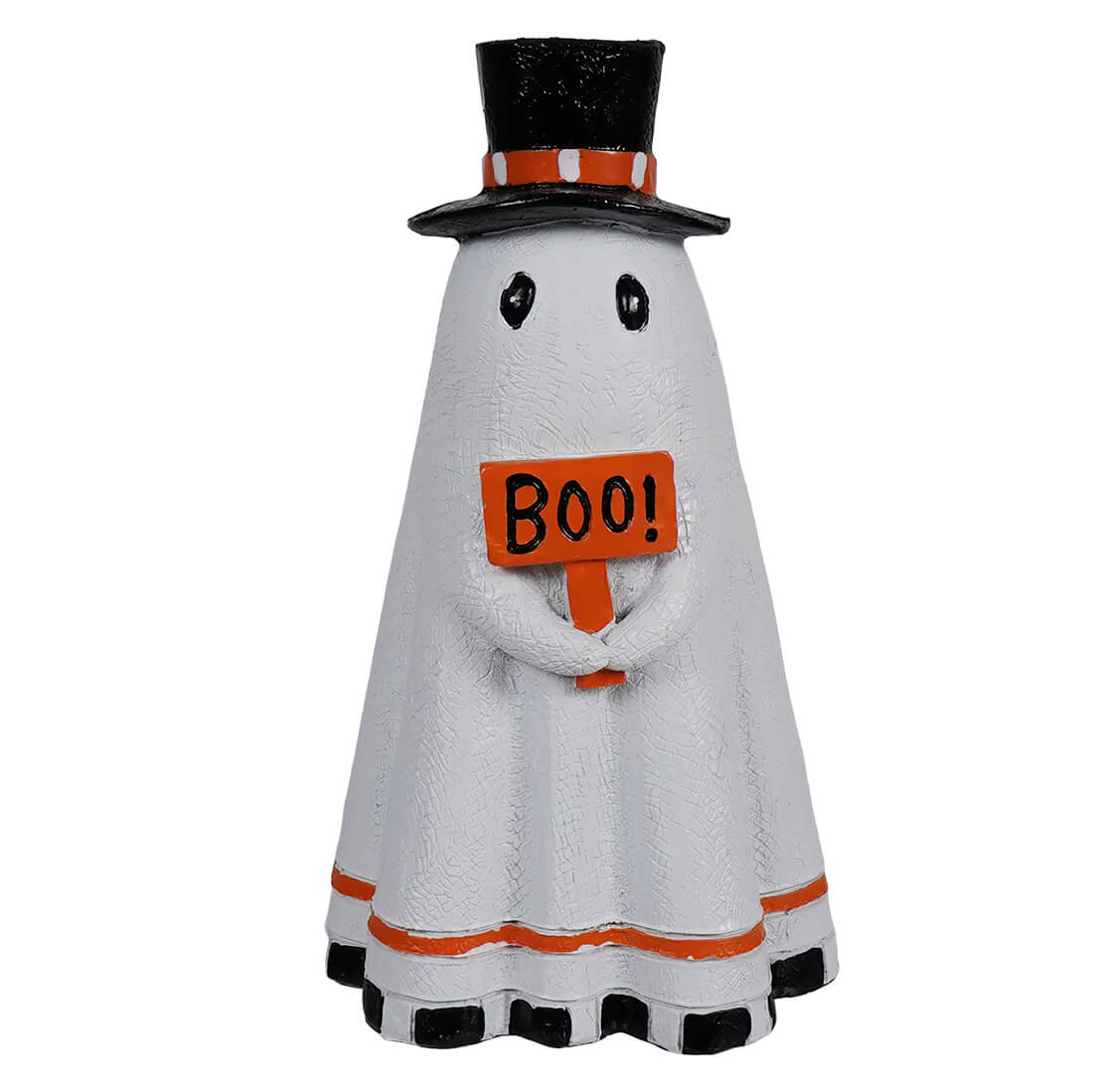 Cute ghost holding boo sign figurine in white with black top hat and orange band for halloween ghost figures decor and ornaments