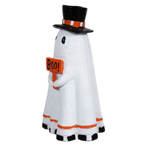 Cute ghost holding boo sign in black top hat with orange striped band perfect for halloween ghost figures decor ornaments
