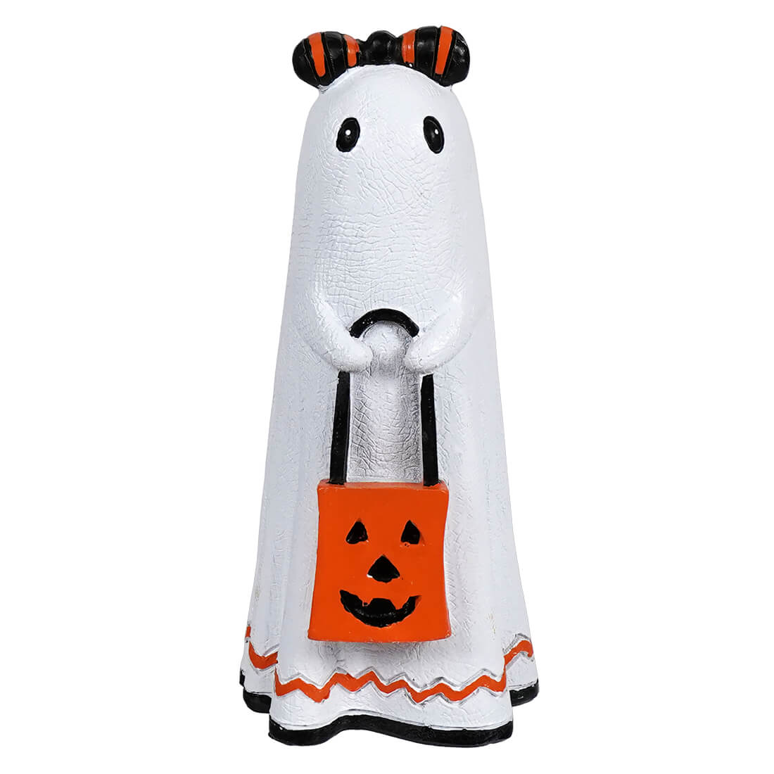 Cute ghost holding a jack o lantern bag with black eyes and orange black striped hair bow halloween ghost figures decor