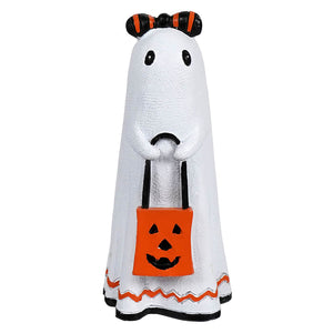 Cute ghost holding a jack o lantern bag with black eyes and orange black striped hair bow halloween ghost figures decor
